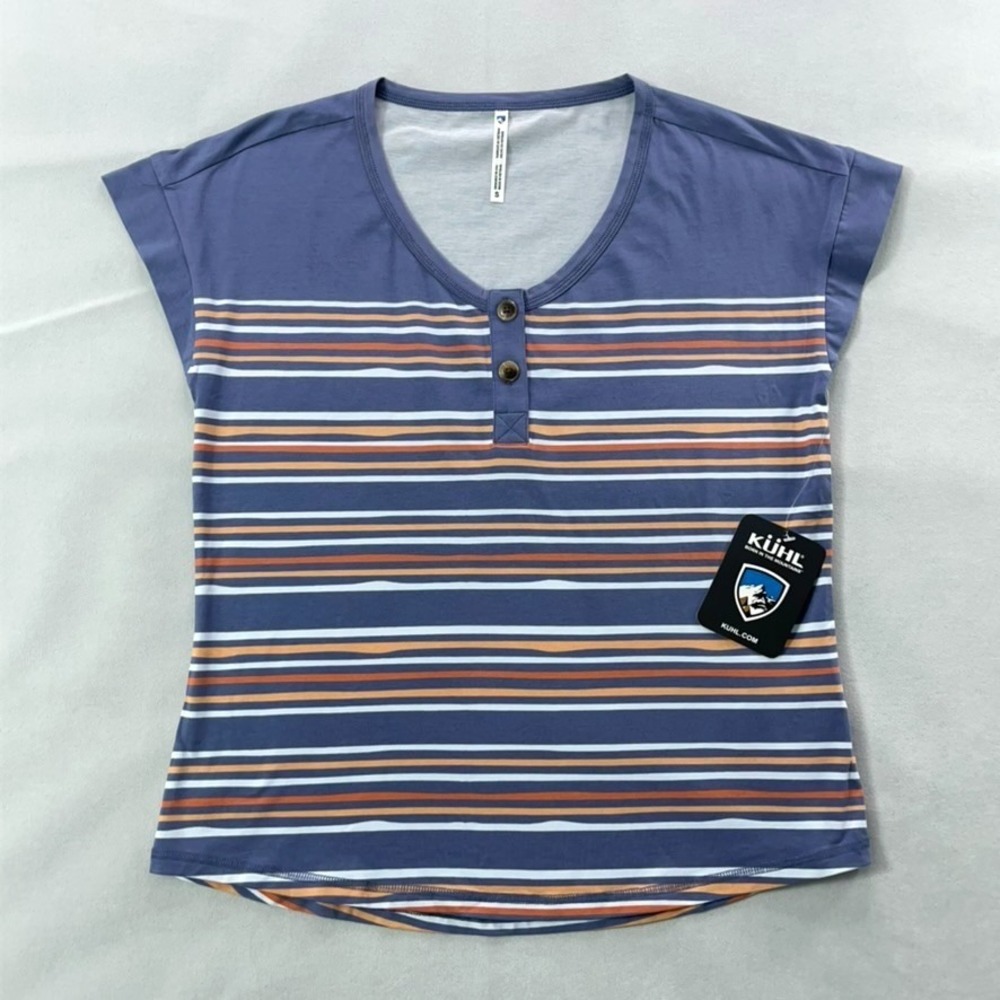 Kuhl Soltice Short Sleeve Top Women Small Blue Stripe Henley Lightweight Tee NWT